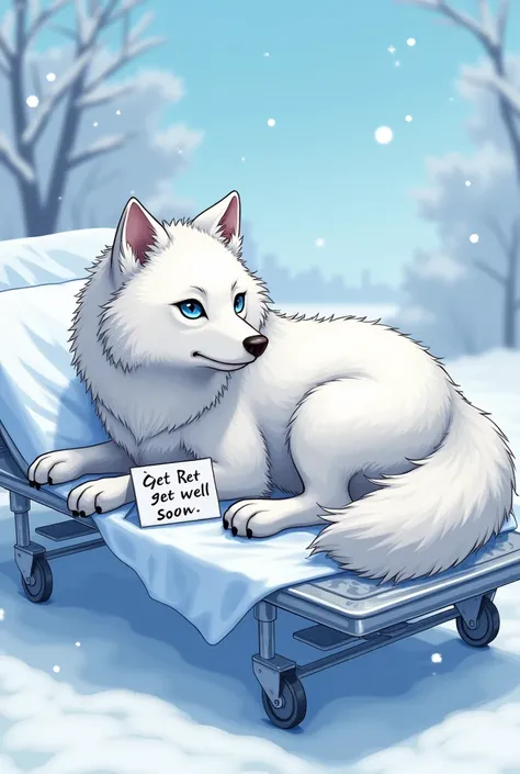 An Arctic she-wolf, on a stretcher, with a Get Better Soon sign,  anime style  