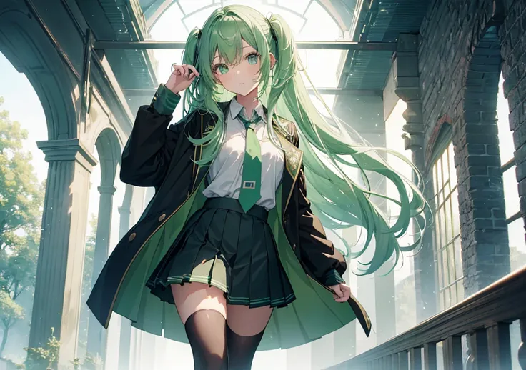 Create an image of a girl with mint-green hair styled in soft waves, wearing a classic magical school uniform with a black robe featuring a house crest. Her outfit includes a white shirt, a house-colored tie, a pleated skirt, and knee-high socks. She stand...