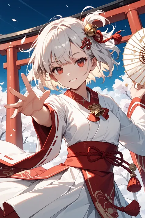 1girl, white short hair with light blue gradation, red eyes with geometric pattern, white and red shrine maiden outfit with long sleeves, golden decorations, torii-shaped hair ornament, red bells on neck and wrists, large ornamental umbrella on back, Japan...