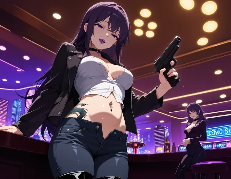 score_9, score_8_up, score_7_up,score_6_up, score_5_up, score_4_up , 2girl, two girls,
medium breasts, , long hair,  purple lips, 
thighboots,  choker, half-closed eyes, bar
background, inside bar,indoors, cityscape, casino, nightclub, city lights, masterp...