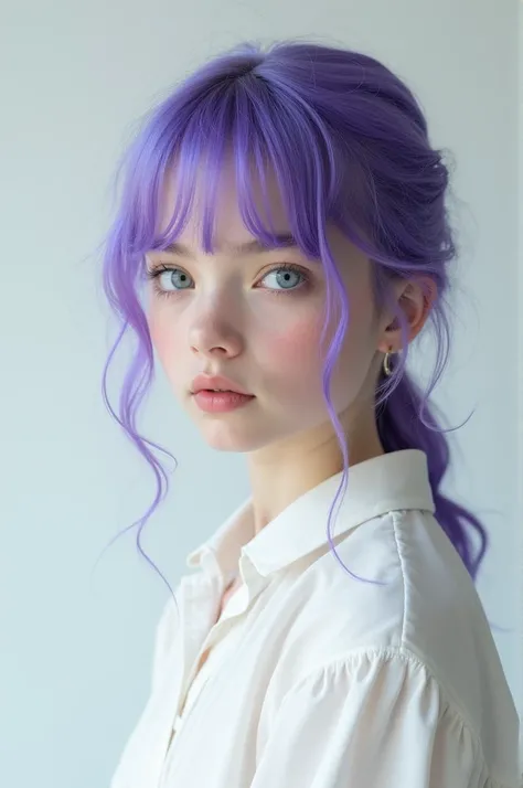 Blue-eyed girl with purple hair blox white blouse