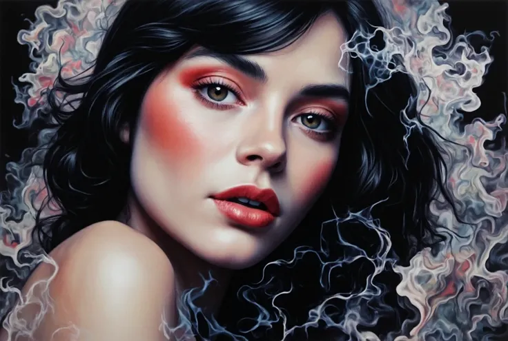 portrait of a woman covered in cloud of smoke, whirlwind, coral highlight colors, coral make-up, hints of pastel, misty, seductive, sultry, breathtaking, oil painting style, artistic, aesthetic modern art, hyper-realism