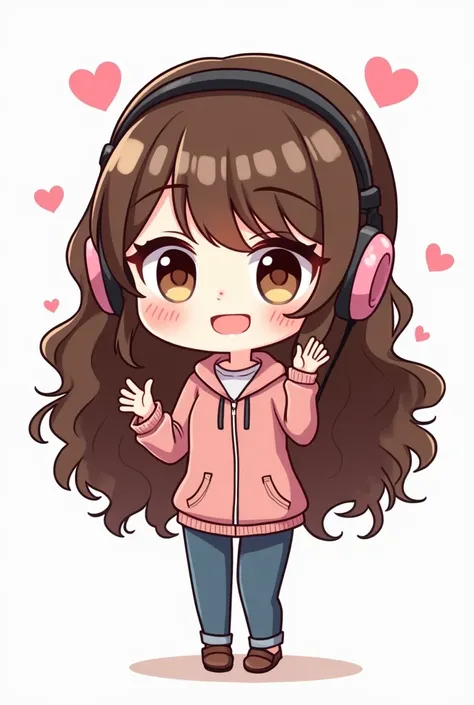 Chibi,  BRUNETTE WITH LONG BROWN HAIR CURLERS ,  brown eyes,  medium short flat , Emote for twich , curly hair,  raising a hand greeting , linda, cute,  with small hearts ,  white background , Boca Soriente, fondo simple, Chibi,  WHO HAS A GAMING HEADSET O...