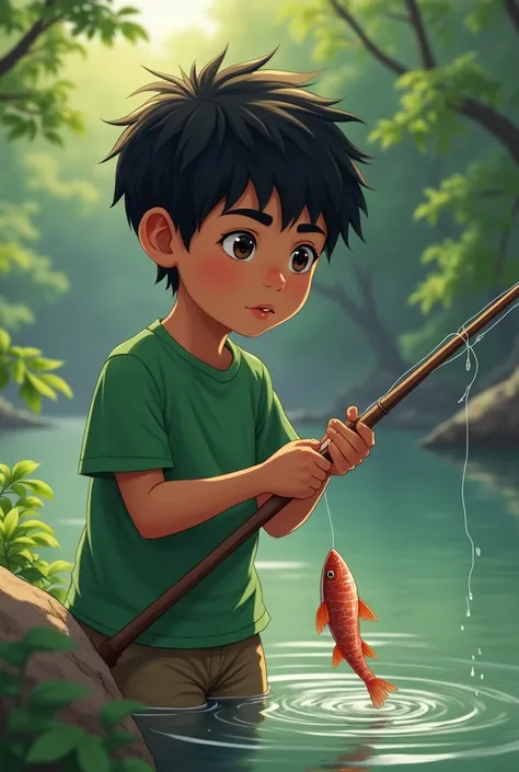 Please make me a reference to a brown skinned black haired boy wearing a green t-shirt is fishing for salted fish