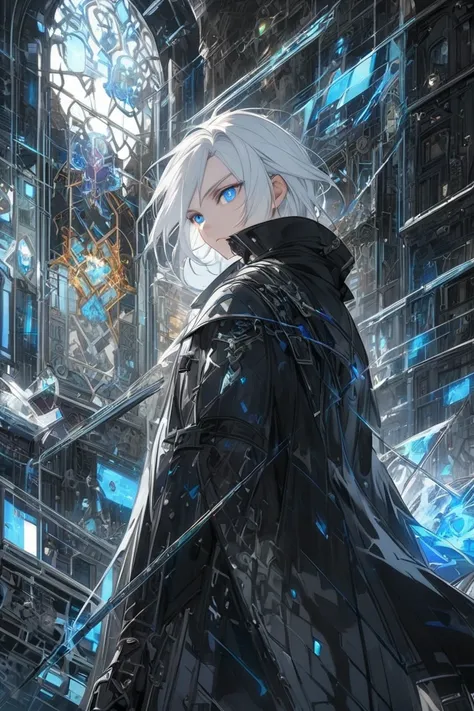 youth. White hair. black coat. gun. Magic Swordsman.  blue eyes. System window . Fantasy.