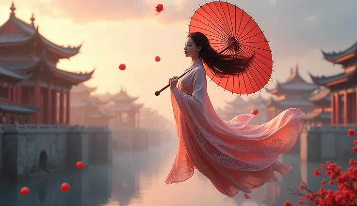 Realistic glossy&vivid digital art image 3D QHD of a beautyful woman in a traditional Chinese outfit is flying through the air, holding a traditional umbrella her long hair flowing behind her.background ancient chinese temple, ultra wide angle, cinematic v...