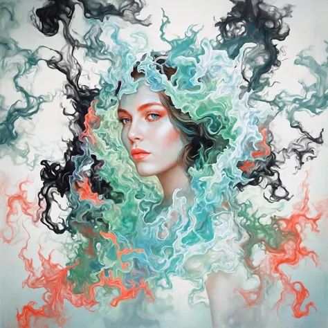 portrait of a woman covered in cloud of smoke, whirlwind, coral highlight colors, coral make-up, hints of pastel, misty, seductive, sultry, breathtaking, oil painting style, artistic, aesthetic modern art, hyper-realism