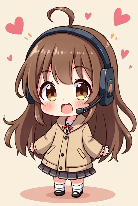  CHIBI BRUNETTE WITH LONG BROWN HAIR WITH BROWN EYES WHO IS HAPPY TO SAY HELLO AND WHO HAS A GAMING HEADSET ON HER HEAD WITH HEARTS AROUND IT, THE DRAWING MUST BE IN DRAWING MODE 