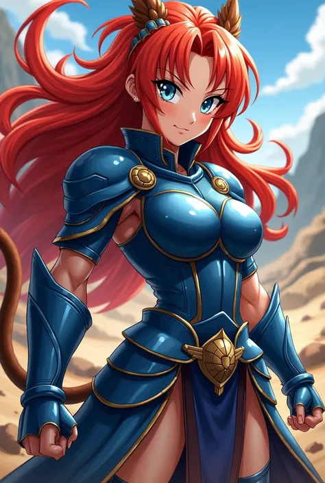 red haired anime girl with saiyan battle armor who has blue eyes and a fierce look on her face long hair big chest muscular but lean brown monkey tail