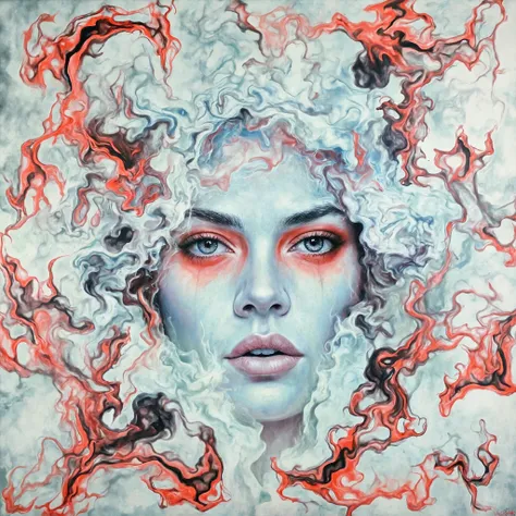 portrait of a woman covered in cloud of smoke, whirlwind, coral highlight colors, coral make-up, hints of pastel, misty, seductive, sultry, breathtaking, oil painting style, artistic, aesthetic modern art, hyper-realism