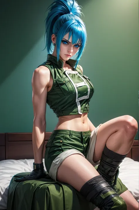 Ponytail BLUE hair, blue eyes, Green military sleeveless jacket, navel, Green shorts, Black gloves, look at viewer, sitting boots, earrings, serious face, makeup, large breasts, Room background 