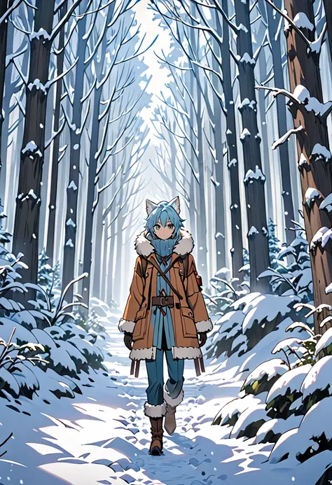 A lone traveler anime character dressed in warm, fur-trimmed clothing, walking through a snow-covered enchanted forest