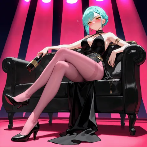 club, opulent sofa at side of dancefloor, crowded privee, BREAK, nsfw, 1girl, sitting, crossed legs, BREAK, (best quality), 8k, masterpiece, aqua hair, short hair, braided bangs hairstyle, calm, BREAK, orange eyes, drunk, BREAK, [medium breasts], BREAK, go...