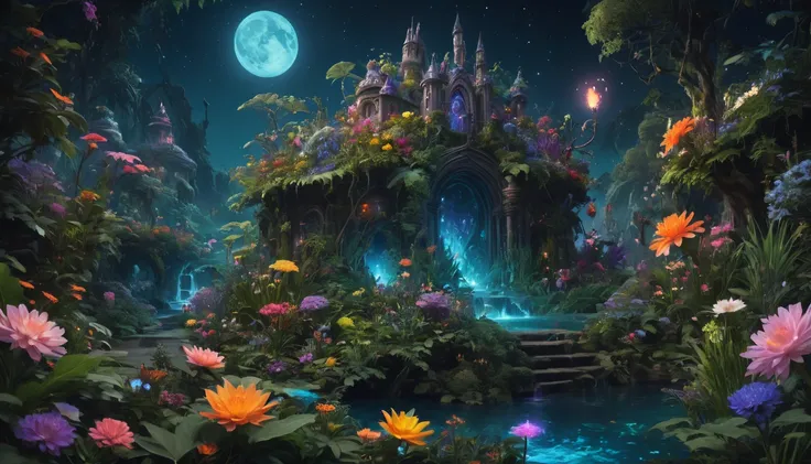 midnight whimsical landscape with magical creatures and flowers and plants,  magic the gathering, fantasy, D&D, matte painting, concept art, dynamic lighting, cinematic, epic composition, realistic, 8k resolution, highly detailed, art by Range Murata, high...