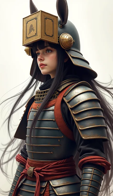  One girl ,  long hair, Horse&#39;s ears, High Definition ,  ANATOMICALLY CORRECT ,  high detail,  very detailed,  Ultra Fine,  horse tail,Warrior&#39;s Armor、Date Masamunes helmet 、 multi-view, whole body、 with a square box on top of his head、 is a Japane...