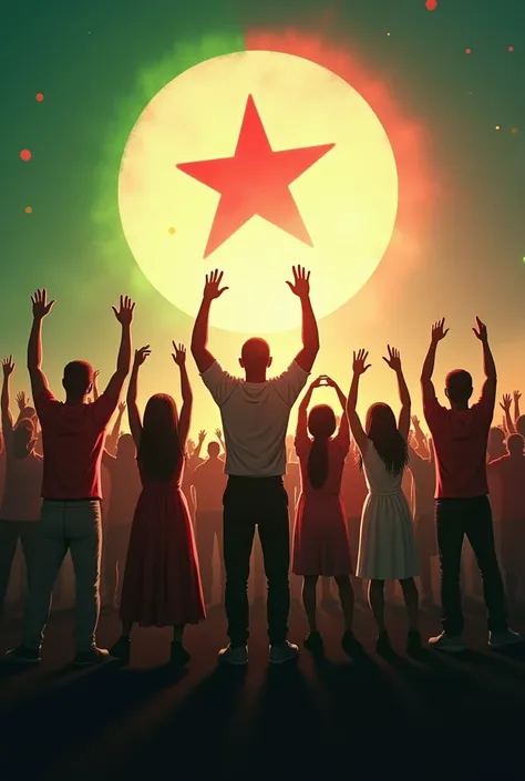 Men and women with their arms raised with the Algerian flag in green and white color, growing moon, 5-pointed star, red.