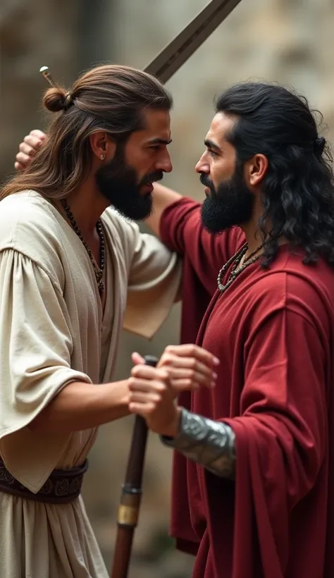  with his hands Create a young man with hair up to half his neck, brown color and beard , vestido de túnica blanca biblical times style,  trying to stop a man ,  with an expression of seriousness ,with long black hair, wavy, dressed in a red tunic , biblic...