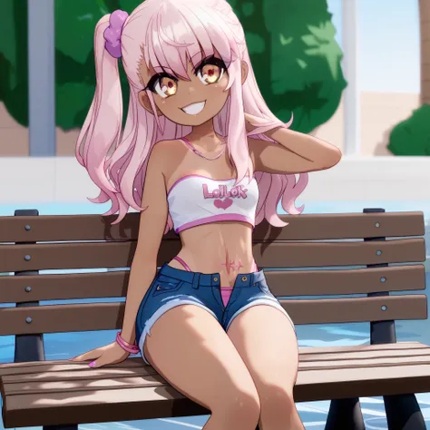 1girl,solo,smile,outdoor,midriff, pink tube top, denim hotpants, open fly, beld, gyaru clothes, thighighs,sitting,bench, chloe,dark_skinned_female,dark_skin,long_hair,pink_hair,yellow_eyes,hair_between_eyes,white_hair,bangs,small_breasts,,half_updo,one_sid...