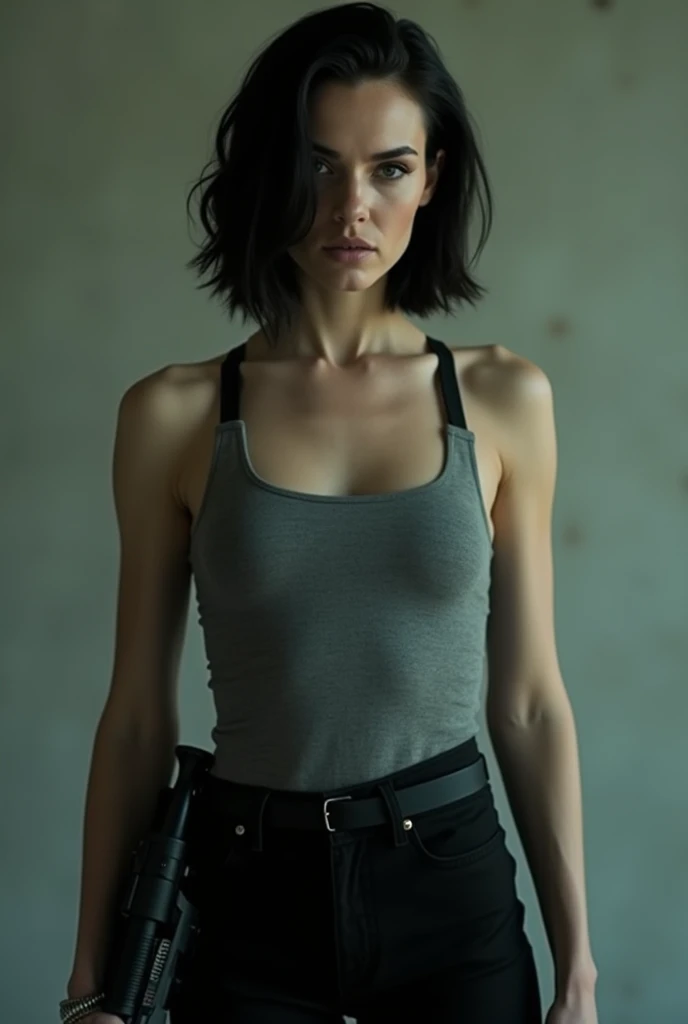 Simone Simons, short Hair over shoulders, Black Hair, DARK hair Woman, wearing a Gray Tank top and black, the matrix style, under arm holster