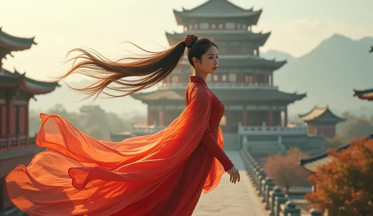 Realistic glossy&vivid digital art image 3D QHD of a beautyful woman in a traditional Chinese outfit is flying through the air, holding a traditional umbrella her long hair flowing behind her.background ancient chinese temple, ultra wide angle, cinematic v...