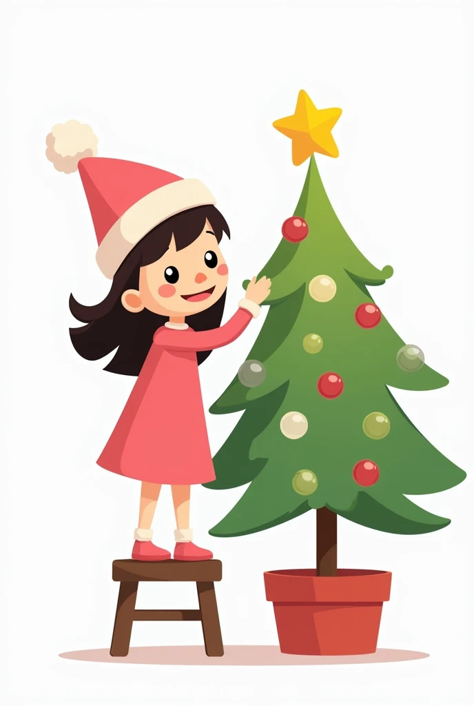 Image of a Natalina  standing on the stool as if she were going to place the star on the Christmas tree , 
smiling and looking at the camera wearing a pink dress and wearing a pink cartoon style hat white background image 
