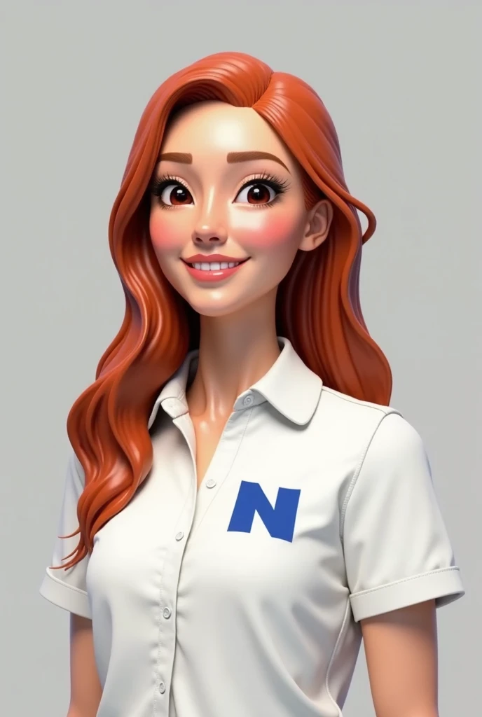 " Create a realistic 3D character with the following characteristics:  long and slightly wavy red hair ,  white skin with natural texture and soft features .  She is wearing a simple white shirt , short-sleeved , with a light and elegant fit . on the shirt...