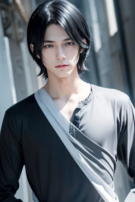  black hair　Smooth　 slightly conceals eyes　 knotted hair　Small Mouth　 blue eyes　Beautiful Boy　ephemeral　 slender 　Spirit User　darknessの魔法使い　anime　A meaningful expression 　quiet　 calm　cool　 handsome　 fantasy　 Game Characters　sense of cleanliness　darkness　Si...