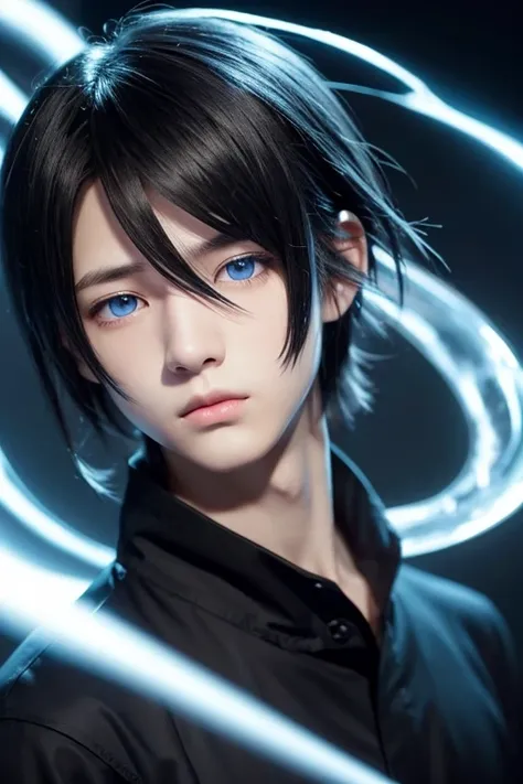  black hair　Smooth　 eyes are slightly hidden　 knotted hair　Small Mouth　 blue eyes　Beautiful Boy　ephemeral　 slender 　Spirit User　darknessの魔法使い　anime　A meaningful expression 　quiet　 calm　cool　 handsome　 fantasy　 Game Characters　sense of cleanliness　darkness　...