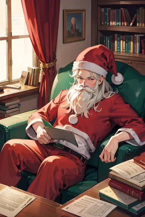 Santa Claus sitting on a couch inside his office, reading letters, warm lighting