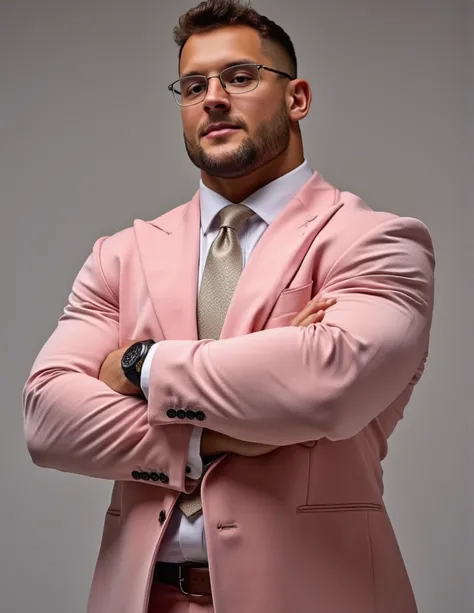 Nick Bosa, muscular, chiseled jaw, strong physique, undercut haircut combed back, short beard, showing off his well-defined physique. His skin glistens with sweat, highlighting his bulging muscles, Muscular man radiates confidence and power, his defined an...