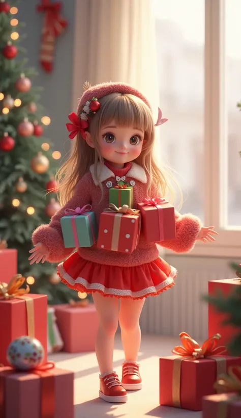 3D Loli Girl, loose hair, modern clothes, accessories, christmas, holding presents