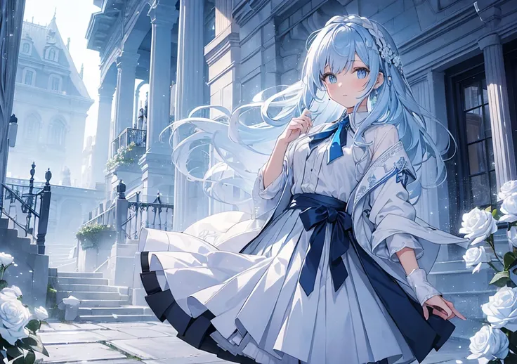 Design an image of a girl with pale blue hair styled in a long, elegant braid, adorned with white roses. She’s dressed in a magical school robe with a house crest, a white blouse, a tie, and a pleated skirt. She’s practicing magic in the school courtyard, ...