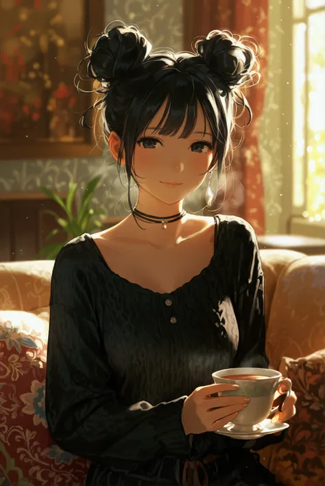 a girl, short black hair with two buns, black shirt, enjoying a cup of tea on sofa in living room, warm atmosphere