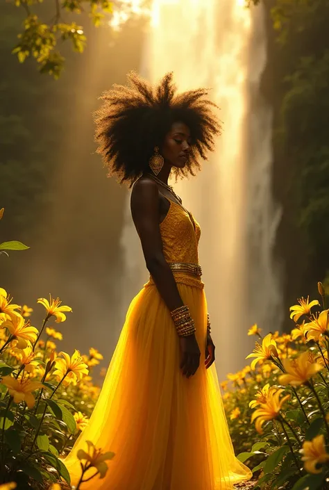  African Orixá called oxum ,  a frizzy haired black woman , she is beautiful,  she is so big ,  she is a true beauty , So much love ,  she likes to wear a yellow dress that shines as if it were a golden ,  she is almost golden yellow from her dress ,  she ...