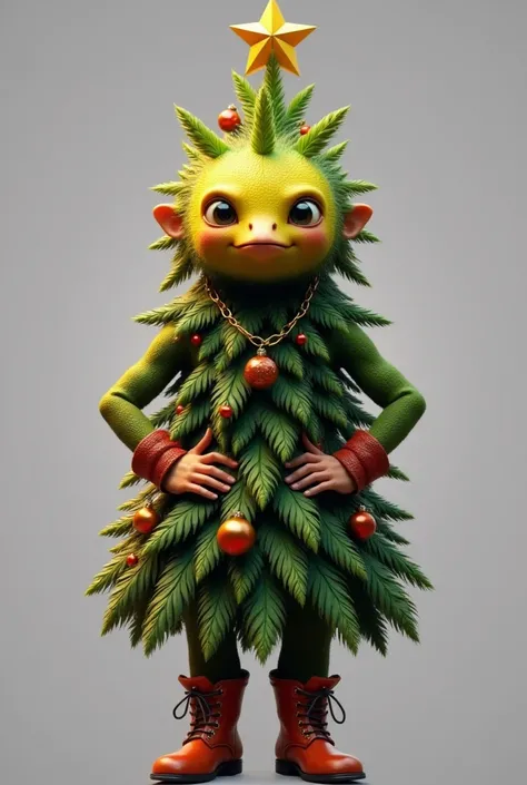 generate images of kawaii chibi character of (kiwi fruit head) zany scarecrow with a horror fantasy theme,(hands on hips:1.5),Christmas tree costume must be highly intricate cyberpunk style , elegant, and visually striking, highly detailed leather boots, r...