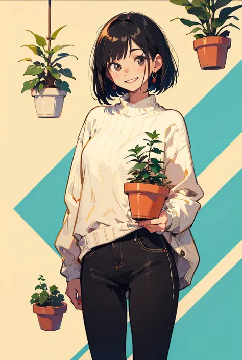 black hair bob hair cute woman smiling happy background plant long sleeve sweater pop illustration