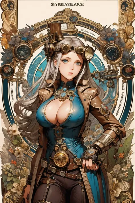 Gray Hair,  girl, cowboy shot,  blue eyes, steampunk, mucha style, top quality , masterpiece,  super high res, steampunk hat with goggles, huge breast, Industrial Background, Flower Design 