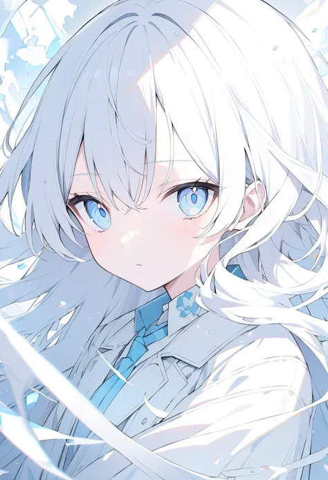 White hair， light blue eyes