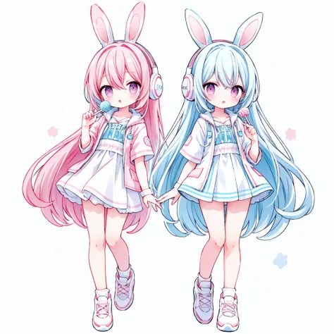  long light blue hair，pink and white trainers， pink eye， black headphones ，lollipop in the mouth ，rabbit， high image quality、 High Quality 