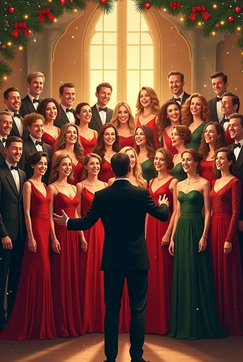 Make a merry Christmas poster for a choir of men and women dressed in social Christmas outfits.