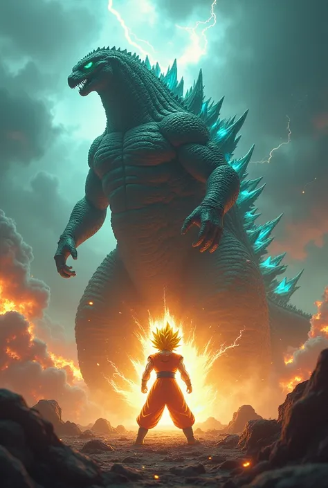 Create Godzilla God fighting against Goku Super Saiyan 1