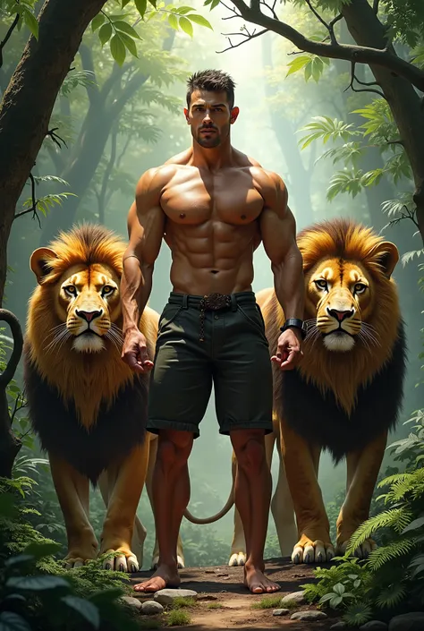 A budybuilder with a lion beside each other standing on the forest and they are steong