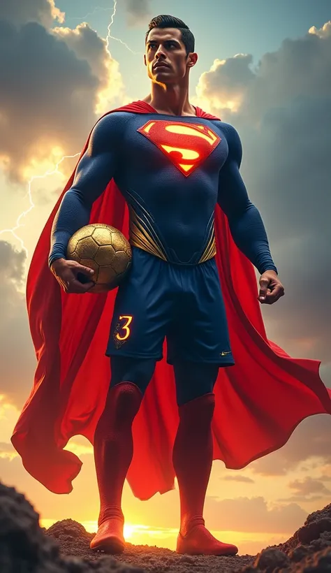 A hybrid of Cristiano Ronaldo and Superman stands tall, a perfect fusion of athletic prowess and superhuman power. His chiseled, muscular frame is clad in a sleek superhero suit merging Ronaldos iconic football jersey style with Supermans red and blue colo...