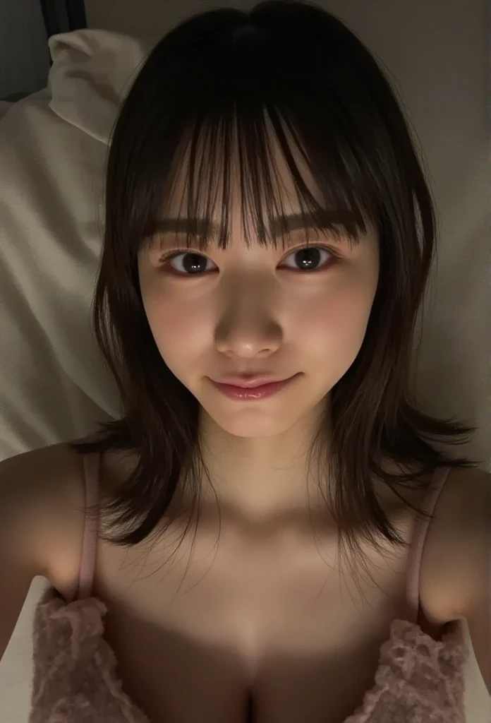 ((( Japanese、Cute girl in her early 20s、 on the bed、 lies down、Legs are open、Completely naked、 small breasts、Nipples:1.7、pubic hair:1.6、、smile、Laughter、)))、((( top-down configuration :1.33)))、(((8k、 top quality 、masterpiece、 super high res)))、( realistic :...