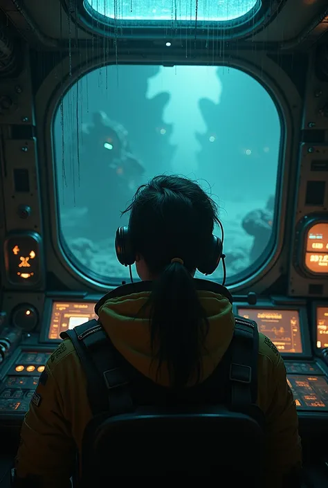 A submarine pilot at first person view, seeing the kinda alien ocean abyss from inside out, make it like a terror movie scene, and dirty, kinda cyberpunk too