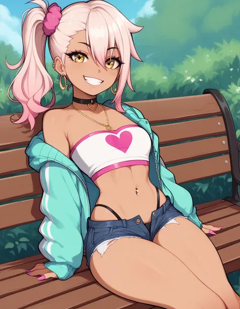 1girl,solo,smile,outdoor,midriff, pink tube top, denim hotpants, open fly, beld, gyaru clothes, thighighs,sitting,bench, chloe,dark_skinned_female,dark_skin,long_hair,pink_hair,yellow_eyes,hair_between_eyes,white_hair,bangs,small_breasts,,half_updo,one_sid...