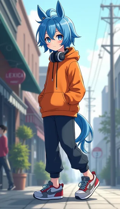 solo,  headphones around the neck ,Blue hair high resolution ,  blue eyes, 、 downtown 、 cute boy、Horse&#39;s ears、 horse tail、 look,  ANATOMICALLY CORRECT ,  top quality ,  full body in frame 、四角い箱を持ち上げている top quality ,  wearing an orange hoodie 、 stylish ...