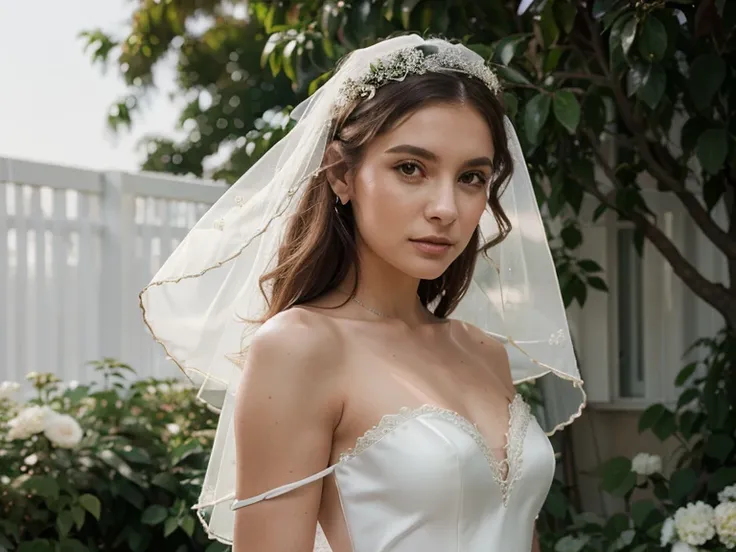 bride in white wedding dress with veil and bracelet in a garden, wearing a wedding dress, veils and jewels, wearing translucent veils, wearing a veil, wedding dress, lace veil, veil, white veil, beautiful wedding dress, beautiful details, bride, gorgeous w...