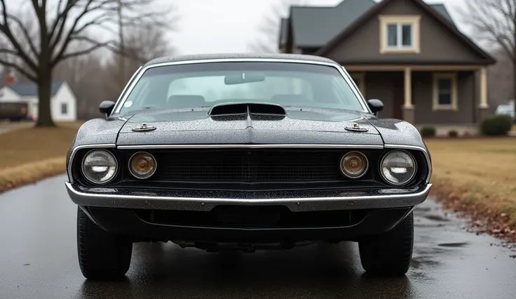 "A classic black forbidden  muscle car with a bold and aggressive front design, featuring a chrome grille, prominent headlights, and retro-style wheels. The car is parked outdoors on a wet road, surrounded by bare trees and a vintage house in the backgroun...