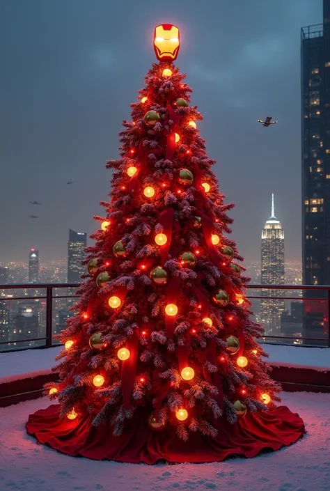 A Christmas tree styled to resemble Iron Man, featuring bright red and gold decorations that mimic his armor. The tree is draped in pieces of fabric designed like Iron Mans suit plating, giving it a sleek, armored appearance. The tree topper is a glowing I...